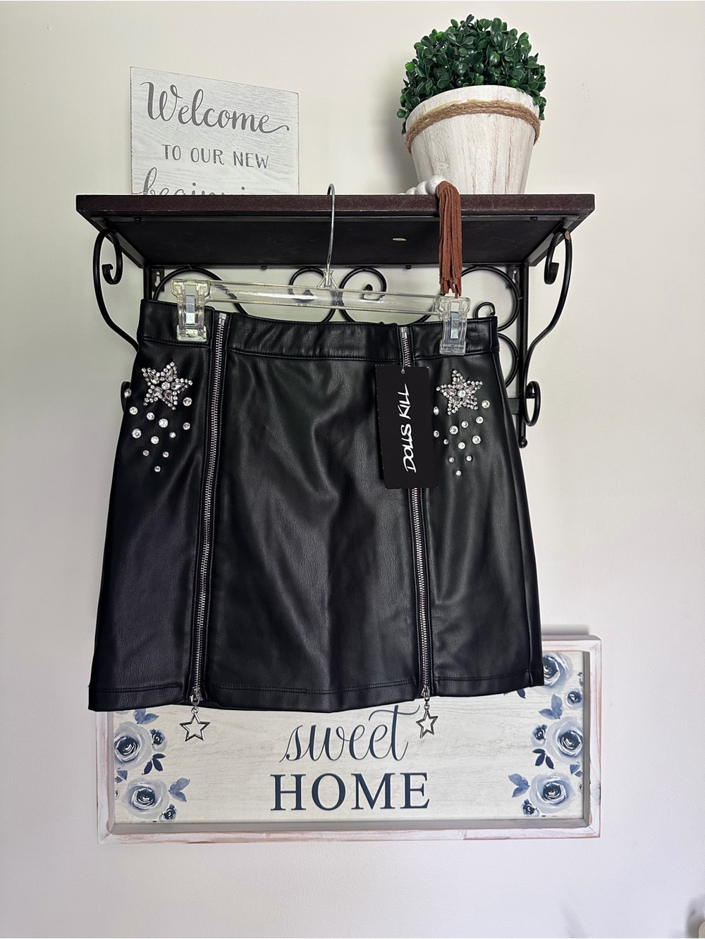 NWT Dolls Kill Black Embellished Faux Leather Mini Skirt star rhinestone zipper